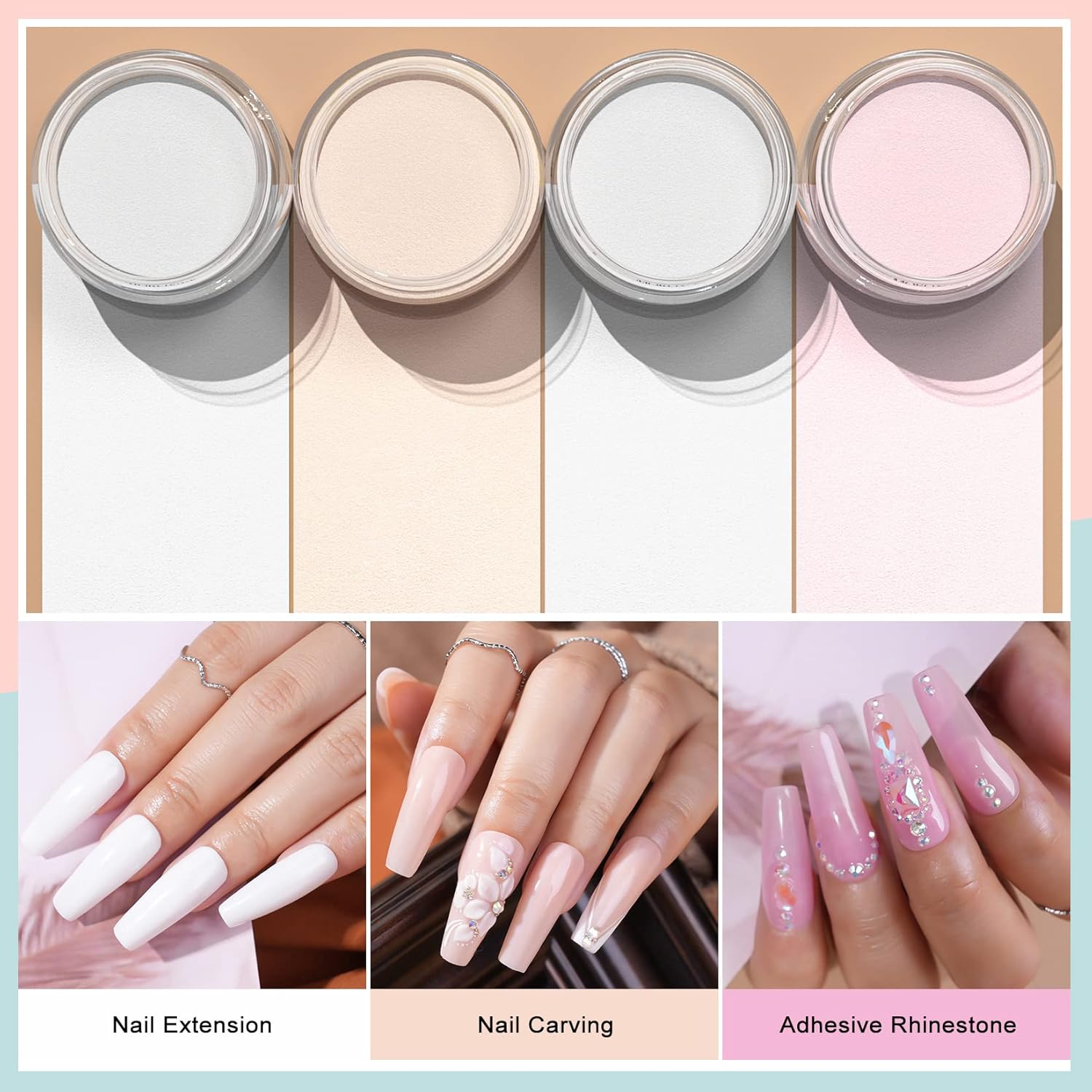 Morovan 4 Color Acrylic Nail Powder Set Clear Nude Pink White for Nail Art - Image 2