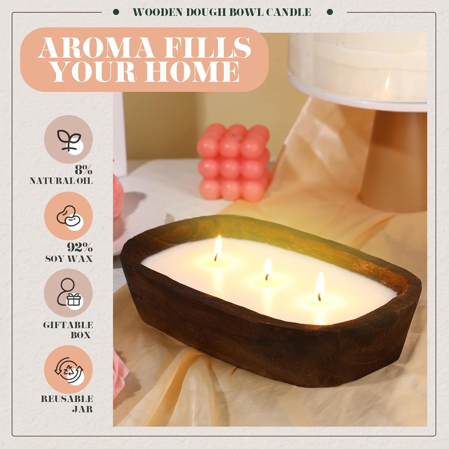 2 Pack Wood Dough Bowl Candle 10 Inch Vanilla Candle Decorative with Wick Scented Candles Soy Gifts for Men Women Farmhouse Table Centerpiece Home(10 Inch,Vanilla) - Image 4