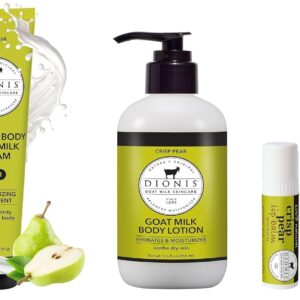 Dionis Goat Milk Skincare Bundle - Crisp Pear Body Lotion (8.5 oz), Travel Hand & Body Cream (3.3 oz), and Hand Cream & Lip Balm Set, Nourishing Care for Dry & Sensitive Skin, Cruelty-Free, Paraben-Fr
