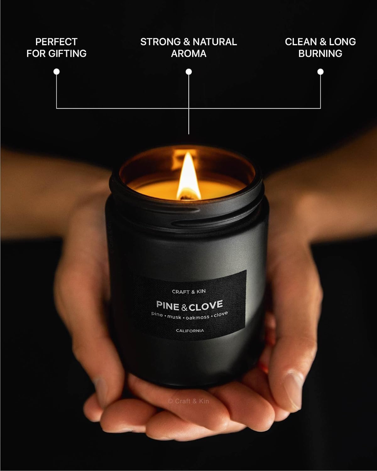 Craft & Kin Premium Pine & Clove Candle | Black Scented Candles | Fathers Day Gift for Dad | Long Lasting with 45 Hour Burn Time, 7.6oz | Made with Soy Wax | Aromatherapy at Home | Gifts for Men - Image 3