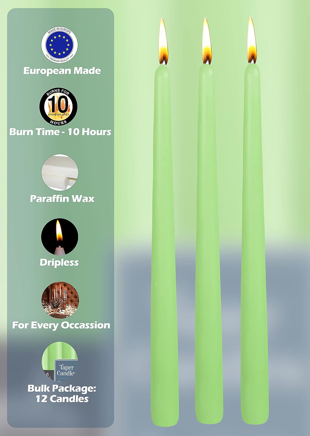 Hyoola 12 Pack Celery Green Dripless Unscented Taper Candles 10 Hour Burn Time - Image 4
