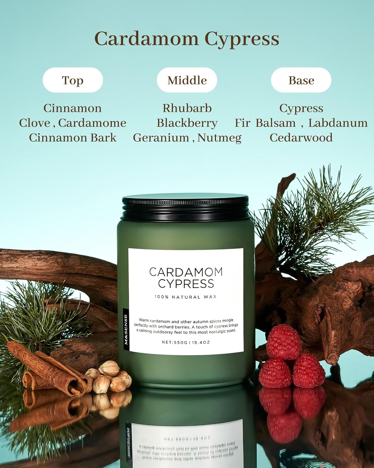 M&SENSE Spice Cardamom Cypress Large Soy Candles for Home Scented 2 Wick Large Soy Natural Candles 19.4oz 110 Hours Long Lasting Slow Burning, Christmas Holiday Woody Scented Winter Gifts - Image 2