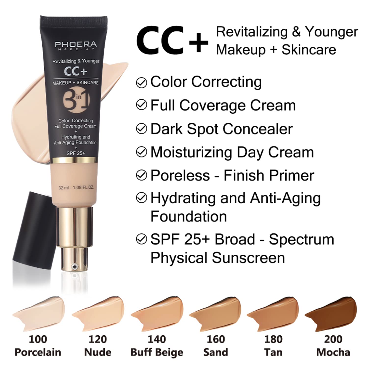 PHOERA 2-Piece 100 Porcelain CC Cream Foundation SPF 25 Full Coverage 1.08 fl oz - Image 3