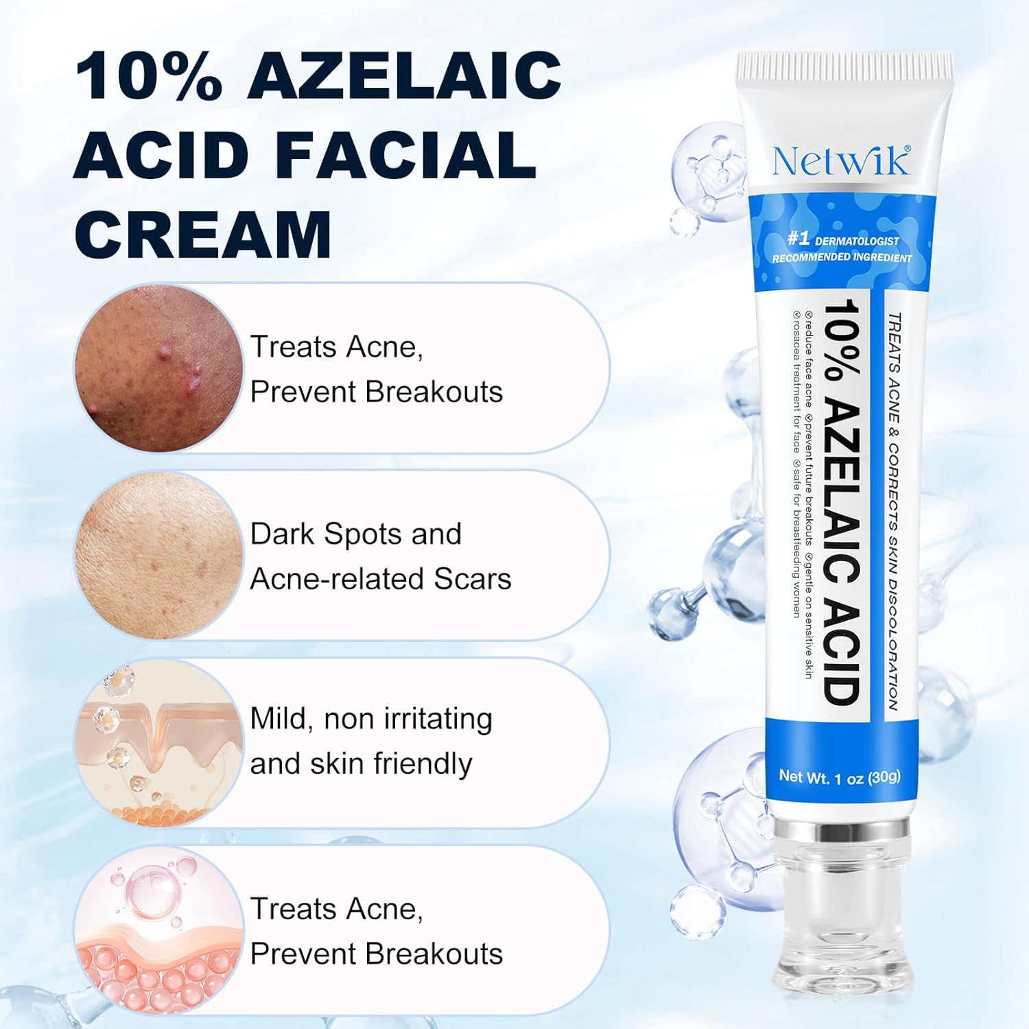 10% Azelaic Acid Cream for Face - Acne Cream for Rosacea Reducing Relief Pimple Breakouts Blackhead Pigmentation and Redness - Azelaic Acid Gel For Facial and Skin Care - Image 2