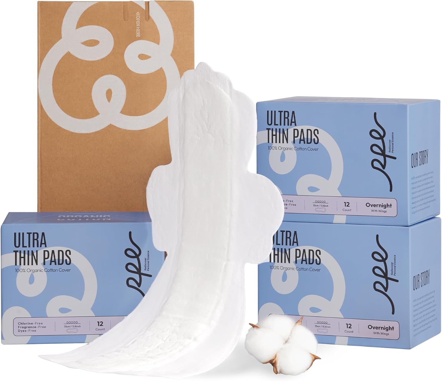 100% Organic Overnight Pads for Women, Ultra Thin Extra Heavy Flow Menstrual Sanitary Napkins with Wings Cotton Extra Coverage Period-Pads Super Absorbency Feminine Pad (Overnight, Size 5, 36 Ct)