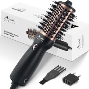 Aima Beauty 4 in 1 Worldwide Travel Hot Air Brush Dual Voltage Blowout Brush Oval Shape One Step Hair Volumizer Straightener Blow Dryer Brush Negative Ionic Lock Moisture Gift 360° Swivel Cord Black
