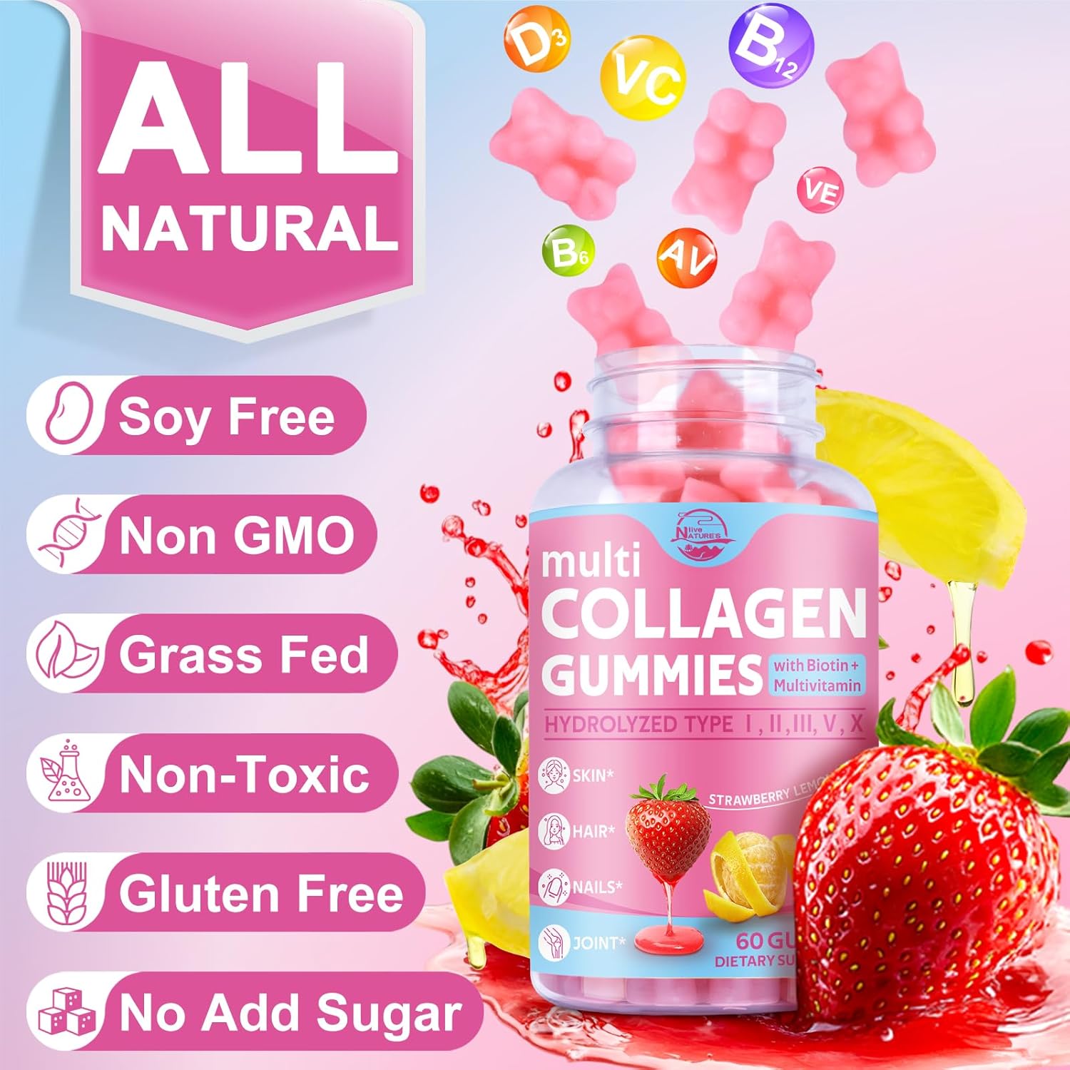 Multi Collagen Peptides Gummies, Type I, II, III, V, X - Hydrolyzed Collagen Peptides with Biotin, Hyaluronic Acid, Supports Healthy Skin, Strong Nails & Thick Hair, 60 Count, 1 Pack - Image 7
