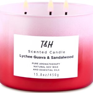 Lychee Guava Sandalwood Aromatherapy Candle - 3 Wick Soy Scented Candle 15.8 oz - Highly Scented Candle for Home, Relaxation & Stress Relief - Long Lasting Fruity Tropical Gift Candles for Women & Men