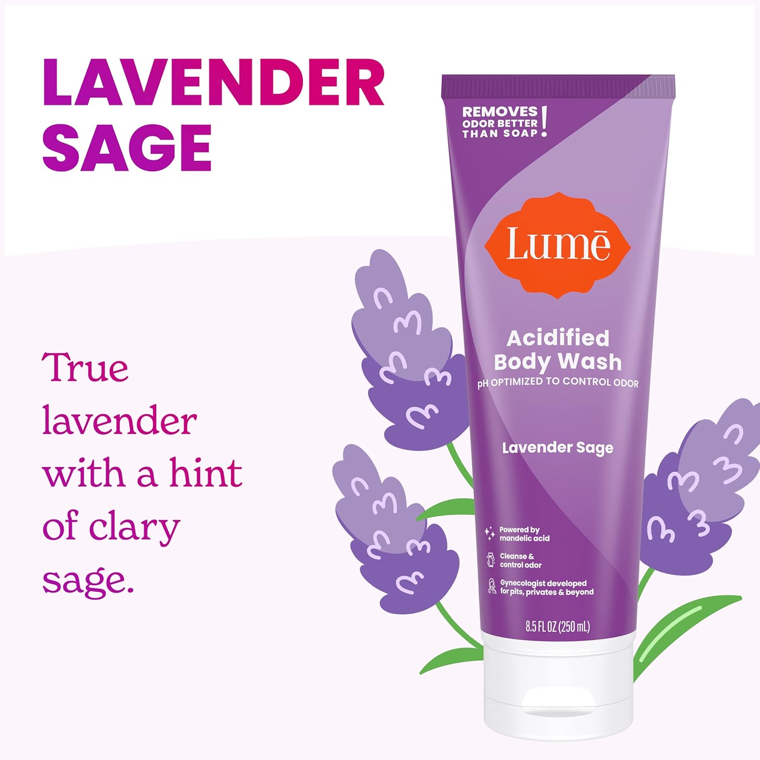 Lume Acidified Body Wash - 24 Hour Odor Control - Removes Odor Better than Soap - Moisturizing Formula - Formulated Without SLS or Parabens - OB/GYN Developed - 8.5 ounce (Lavender Sage) - Image 3