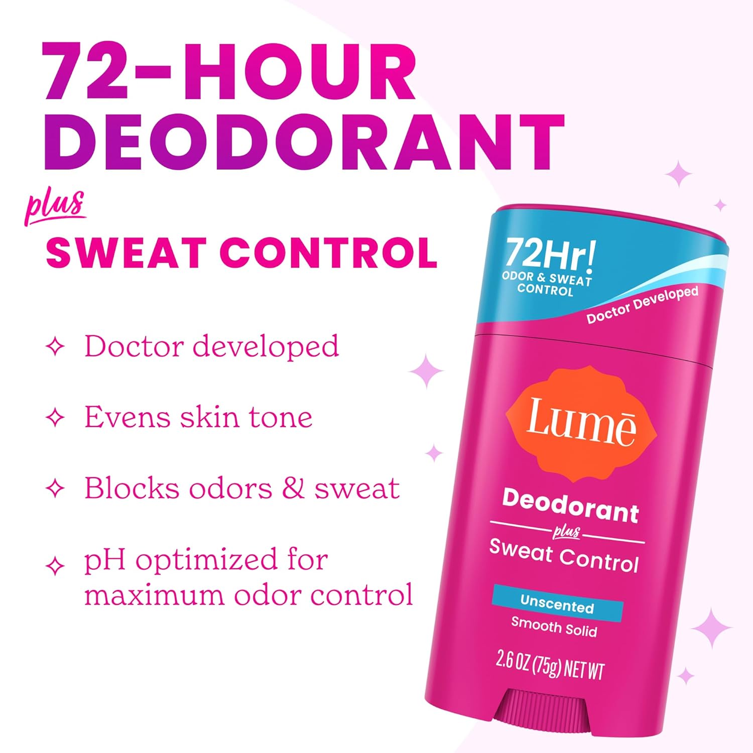 Lume Deodorant Plus Sweat Control - Smooth Solid Stick - Extra Strength Antiperspirant - 72 Hour Odor And Sweat Control - Baking Soda Free, Skin Loving - 2.6 ounce (Unscented) Pack of 2 - Image 2