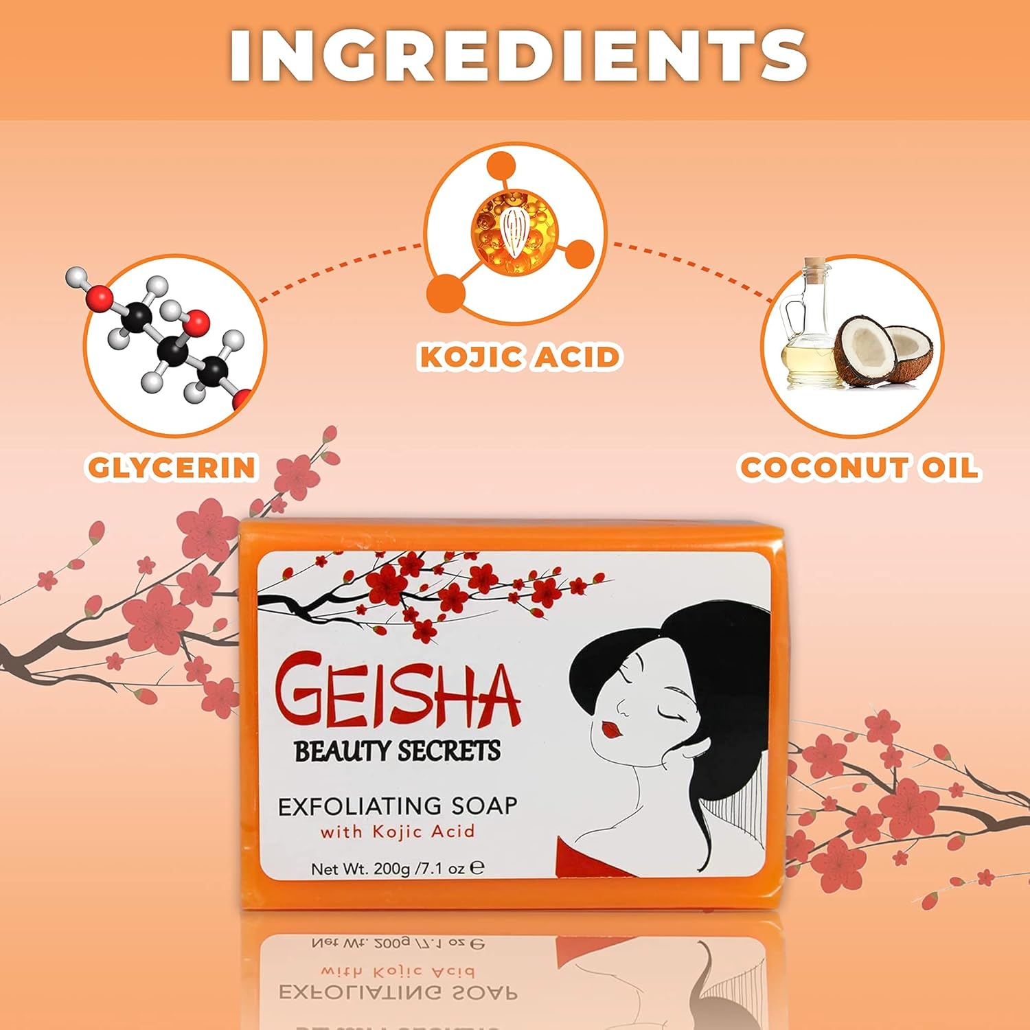 Geisha, Kojic Acid Soap - 7 oz / 200g - BIG SIZE Skin Brightening Bar, Helps to Reduce Pigmentation on: Face, Body, Hands, Knuckles, with Coconut Oil, - Image 2