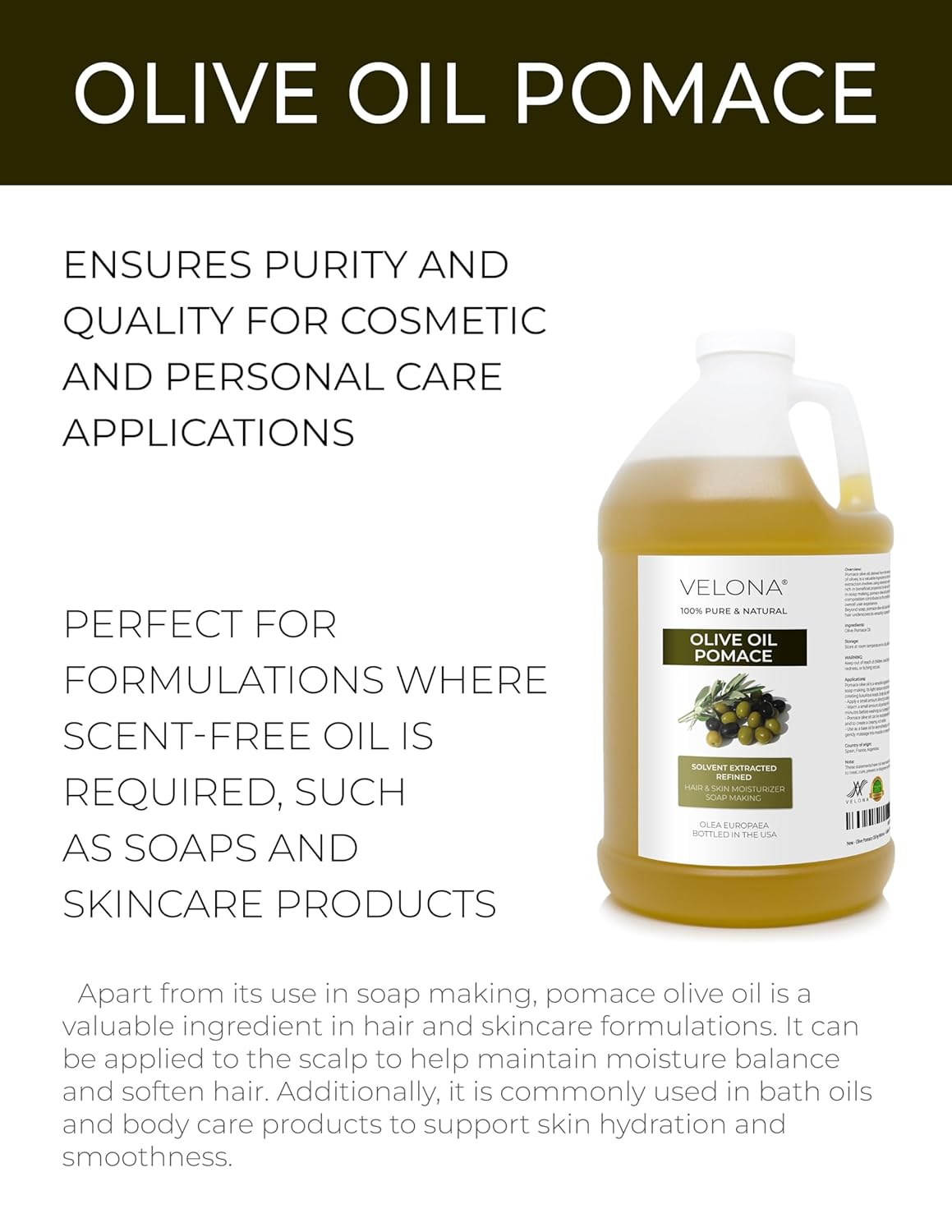 velona Olive Pomace Oil 64 Fl Oz | 100% Pure and Natural Carrier Oil | Refined | Skin, Hair, Body & Face Moisturizing | Use Today - Enjoy Results. - Image 2