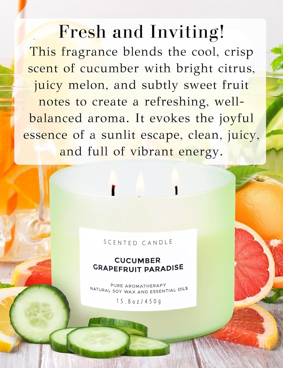 Cucumber Grapefruit Melon Scented Candle | Large 3 Wick Soy Candle for Home 15.8 oz | Refreshing Spring & Summer Aromatherapy Stress Relief Candles Long Lasting | Relaxing Candles for Women & Men - Image 2