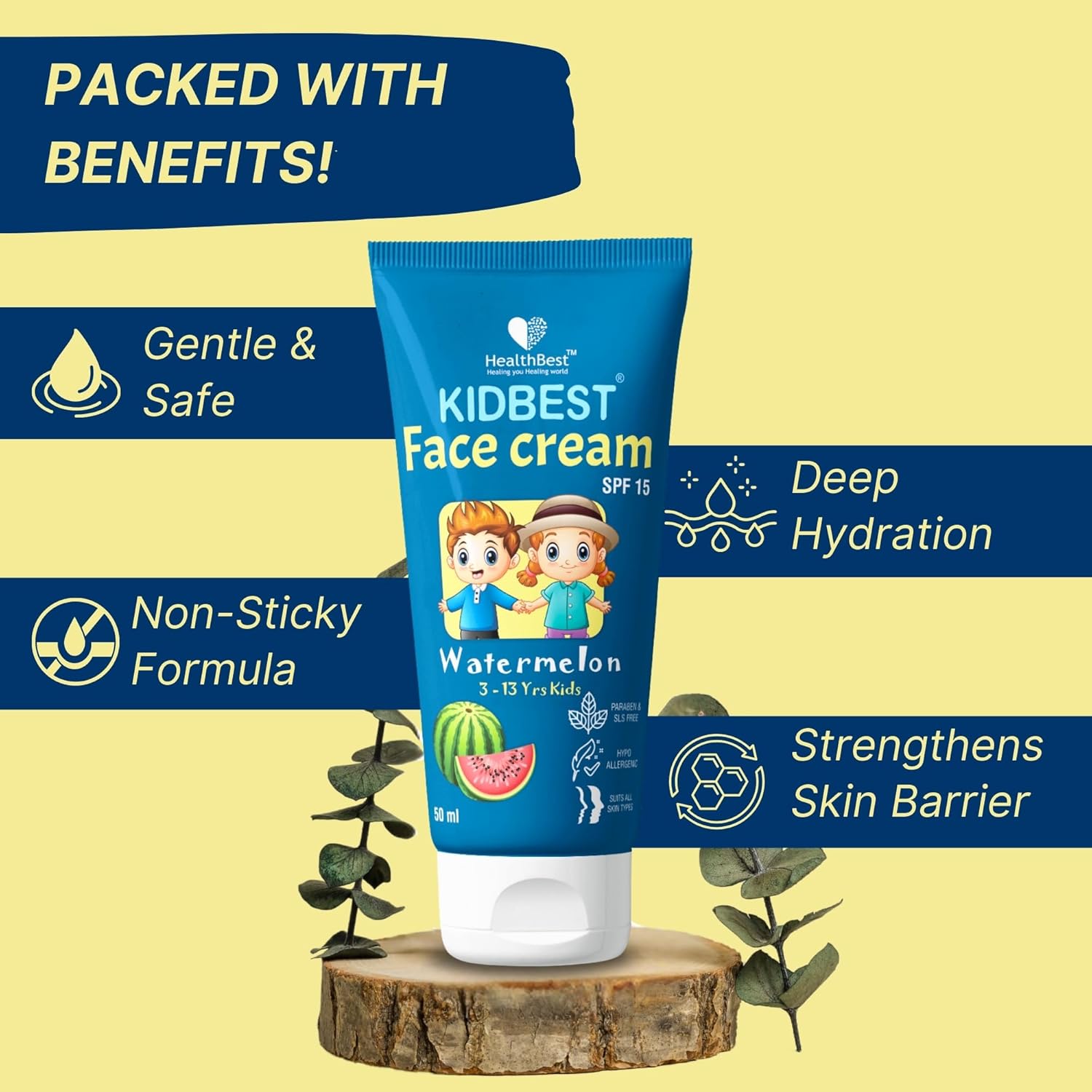 Kidbest Face Cream for Kids, SPF 15, Safe for Sensitive Skin & Unscetened, Tear, Paraben, SLS free, Watermelon Flavor, 50ml - Image 2