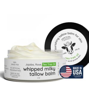 Whipped Milky Beef Tallow For Skin & Face | Made in USA | 100% Grass-Fed with All-Natural Organic Oils, Dewy Finish Beef Tallow Balm Moisturizer - For Sensitive Acne-Prone Skin, Tea Tree 2oz