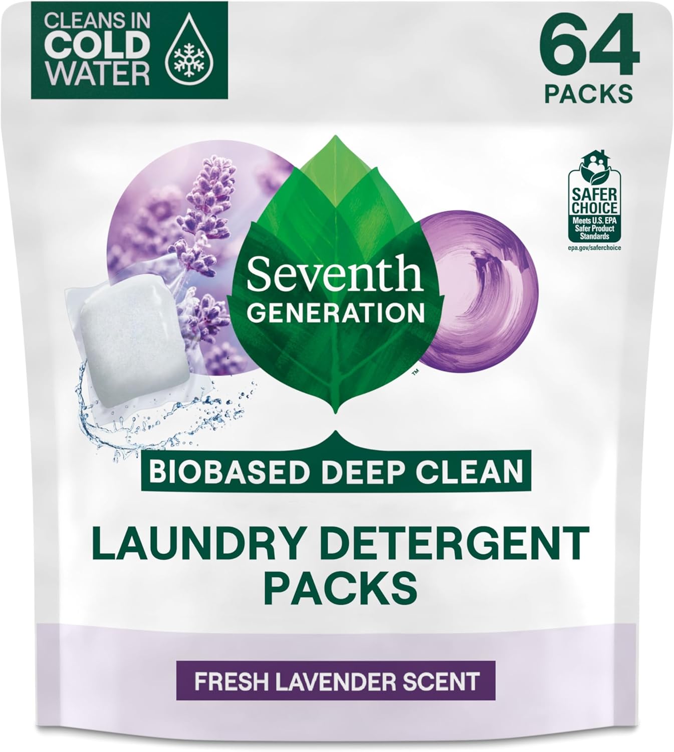 Seventh Generation Laundry Detergent Packs, Lavender, Biobased Deep Clean, EPA Safer Choice Certified, 64 Count