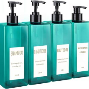 4-Pack Black Square Bottle, 16.9 oz. Labeled Empty refillable soap Dispenser, Reusable Plastic Pump Bottle Bathroom Lotion Bottle Kitchen Hotel Shampoo Conditioner Shower Gel (Green)