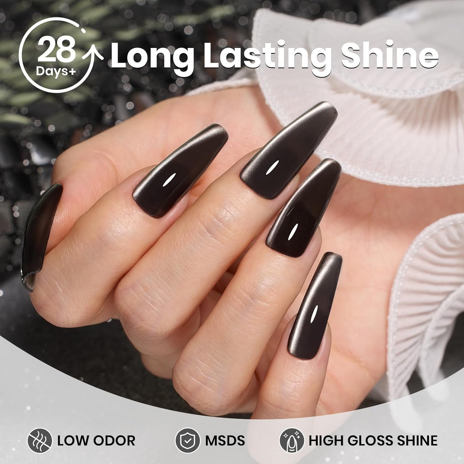 Beetles Black Cat Eye Gel Polish, 15ML Black Glass Cat Eye Glitter Gel Polish with Magnet Shimmer Translucent Sheer Color Soak Off UV Midnight Sands Series French Nail Art Dsign Gift for Women - Image 7