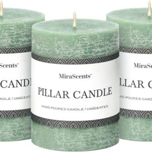 3x4 Inch Sage Green Pillar Candles Set of 3 - Unscented Spring Candles, Long Clean Burning, Large Big Candles, Smokeless Dripless Candles for Spring Home Decor, Dinner Table, Bathroom, Rustic Decor