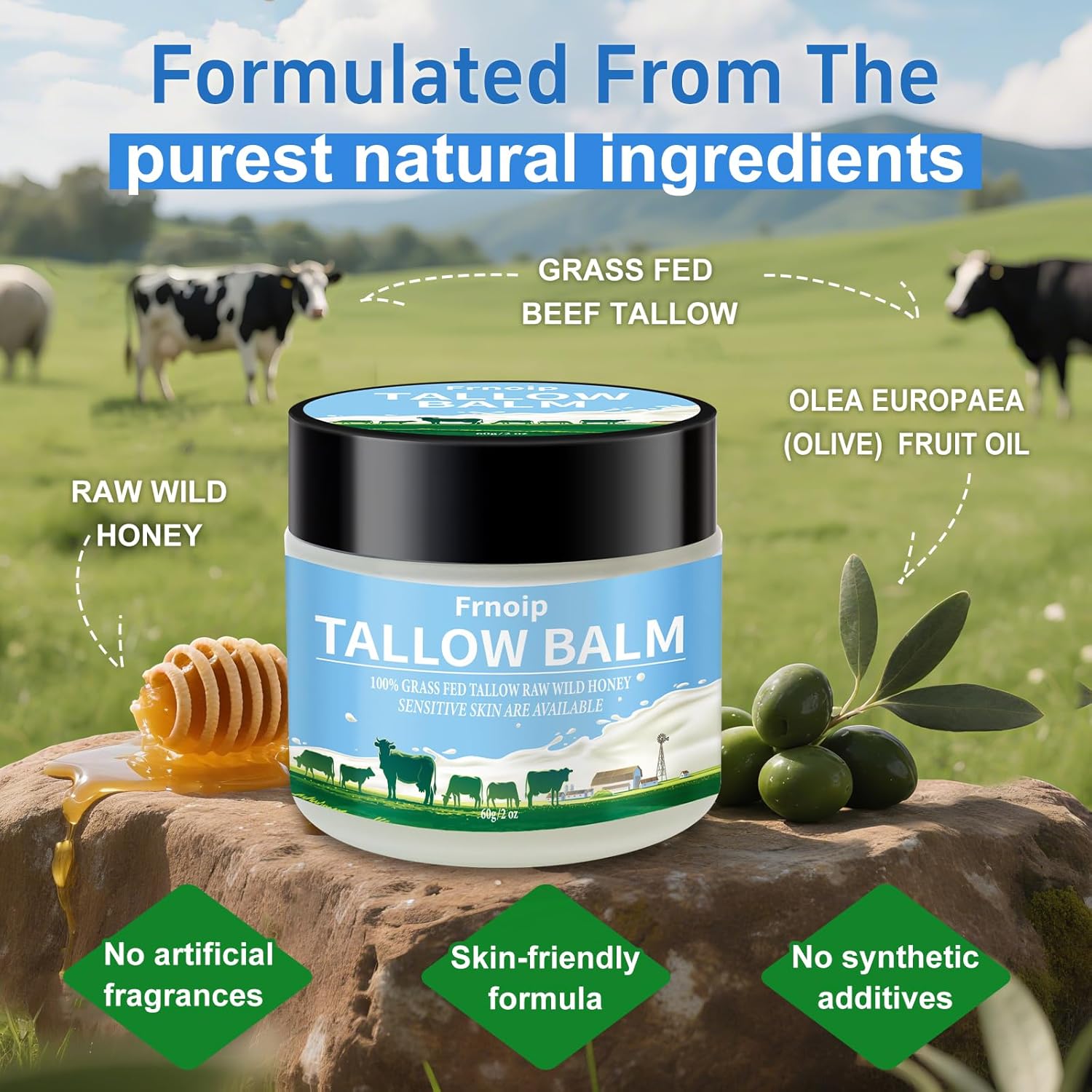 4-Pack Organic Grass-Fed Beef Tallow & Honey Balm for Face & Body | Sensitive Skin Face Moisturizer for Kids & Adults | Raw Wild Honey, Non-Greasy Eczema-Safe Formula (8oz) - Deep Hydration - Image 2