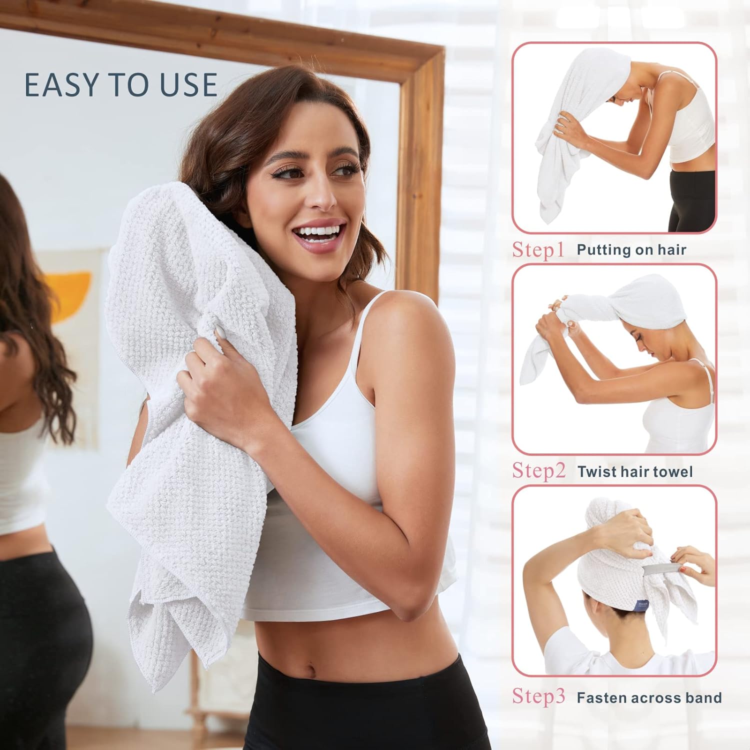 Large Microfiber Hair Towel Wrap for Women, Anti Frizz Drying Towel, Fast Dry Turban Wet Hair, Long, Thick, Curly Super Absorbent Soft Towels - White X-Large - Image 5