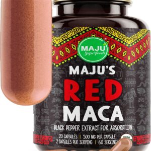 Maju Superfoods Organic Red Maca Root Capsules 120ct - Women Focused Curve Enhancement Nutrition Booster Pills, Gain for Thighs, Powder in Pill Supplement