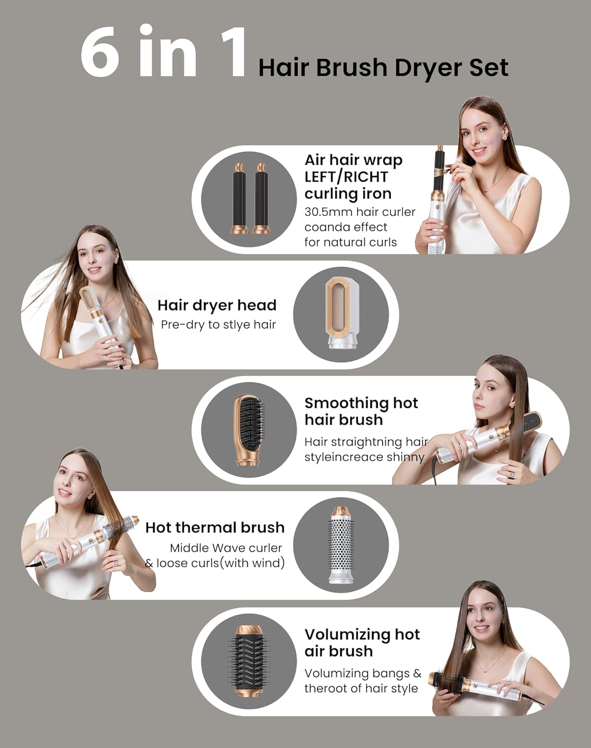 6 in 1 Blow Dryer Brush,Hair Dryer Brush with Ionic Technology, Multifunctional Styler Styling Tools, Auto Air Curler for Hair, Fast Styling for Most Hair Types, Safe ALCI Plug (White Gold) - Image 2