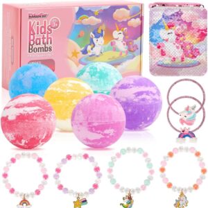 Unicorn Bath Bombs for Kids with Surprise Inside, 6 Pcs Oversized Handmade Bath Bombs with Jewelry Toys & Cross-Body Bag, Gift for Girls Aged 3-12, Christmas, Birthday