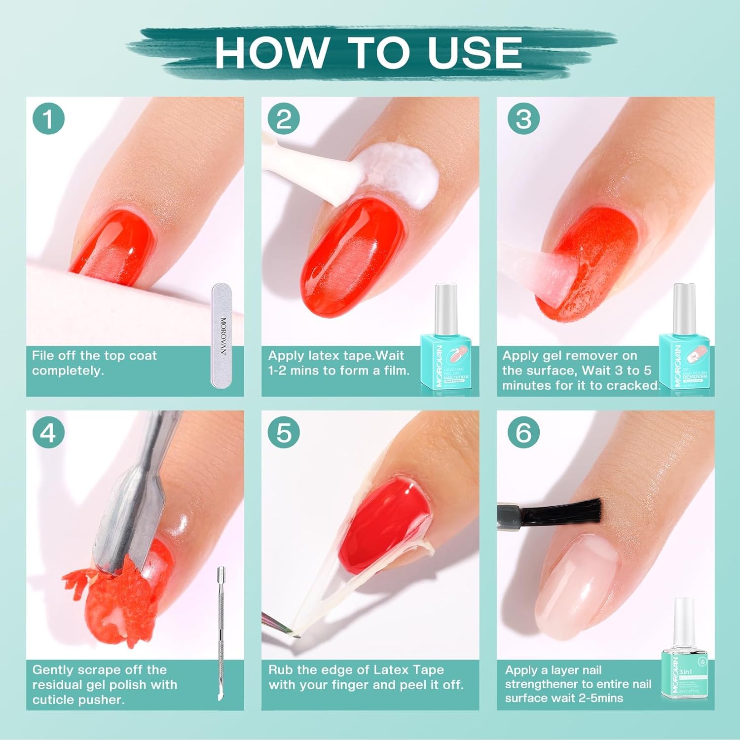 Morovan 3-5 Minute Gel Nail Polish Remover Kit with Liquid Latex Tape and Cuticle Pusher - Image 8