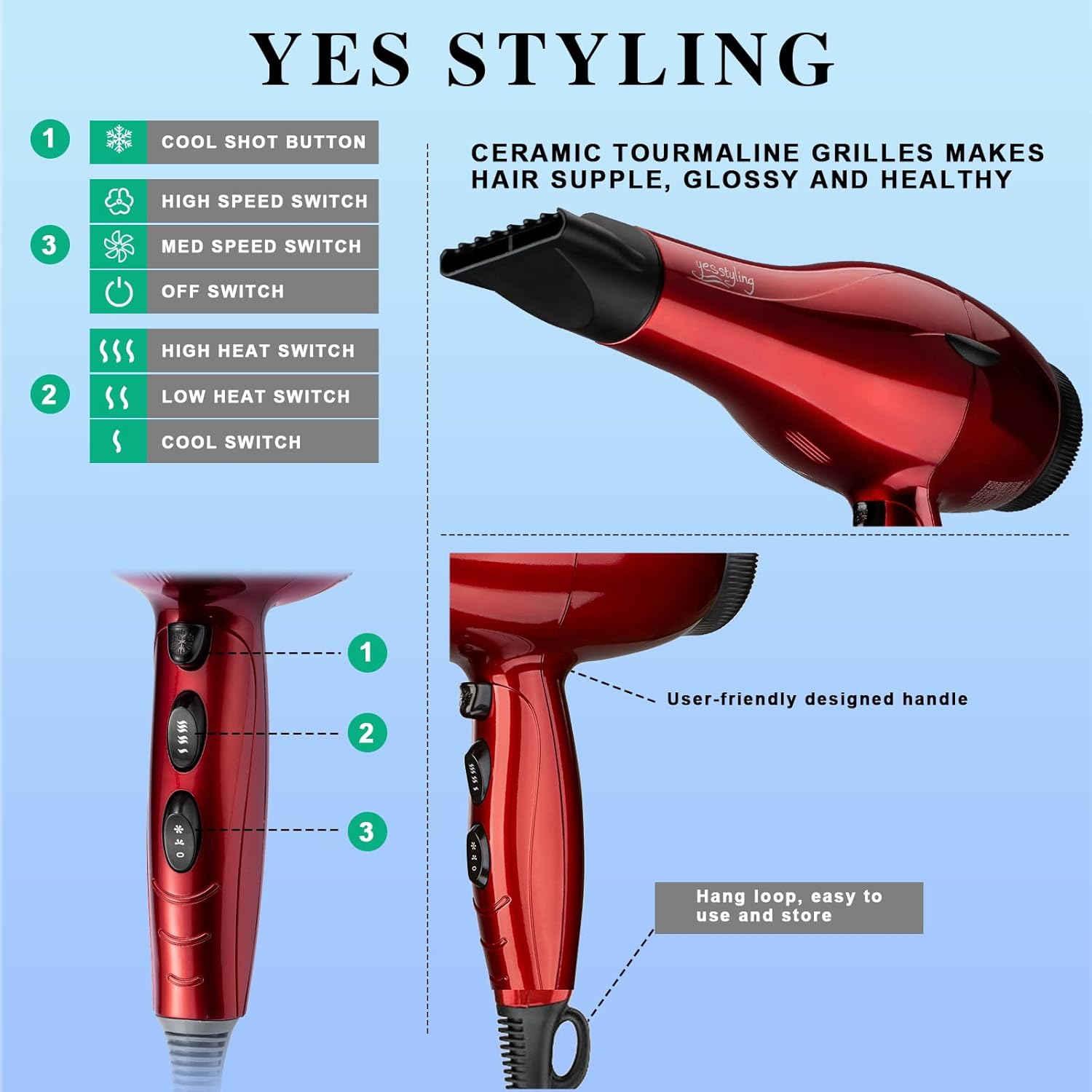 1875W Professional Salon Hair Dryer Cola Red with 2 Nozzles and 3 Heat Settings - Image 3