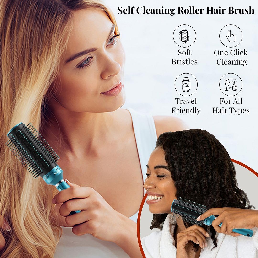Blue 2-in-1 Curly Hair Blow Dryer Brush with Self-Cleaning Detangler and Retractable Roller for Wet Dry Use - Image 2
