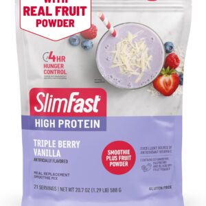 SlimFast High Protein Smoothie Mix Plus Fruit Powder, High Protein Meal Replacement Powder, Fiber, Vitamin C, 21 Servings, 1.29 Pounds, Triple Berry Vanilla (Packaging May Vary)