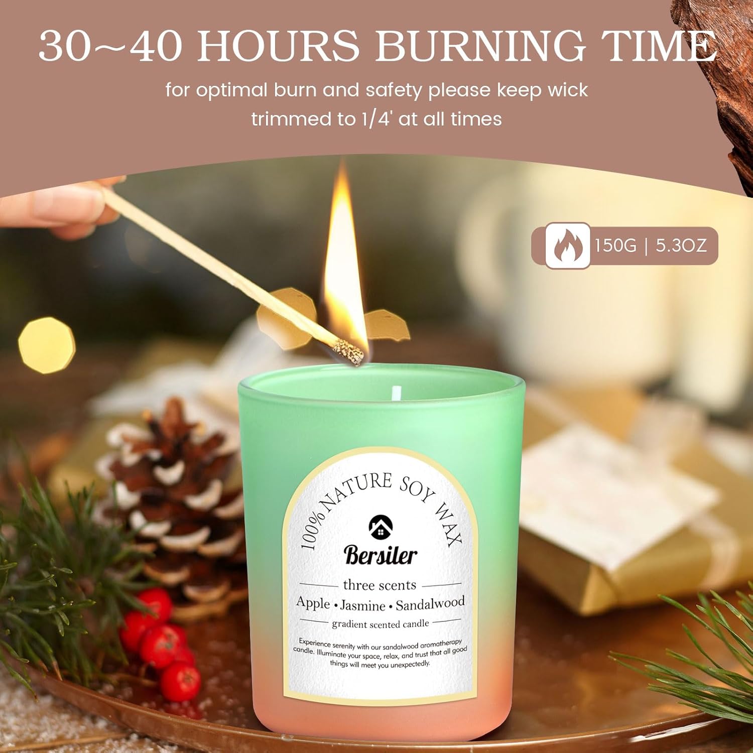 Apple Jasmine Sandalwood Scented Candles Set 5.3oz 35 Hours Burn Time Aromatherapy - Image 4