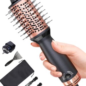 Travel Dual Voltage Hair Dryer Brush, Small Hot Air Brush for European Travel, Compact 2 Inch One Step Blowout and Volumizer Hair Blow Dryer with Oval Design, Rose Gold