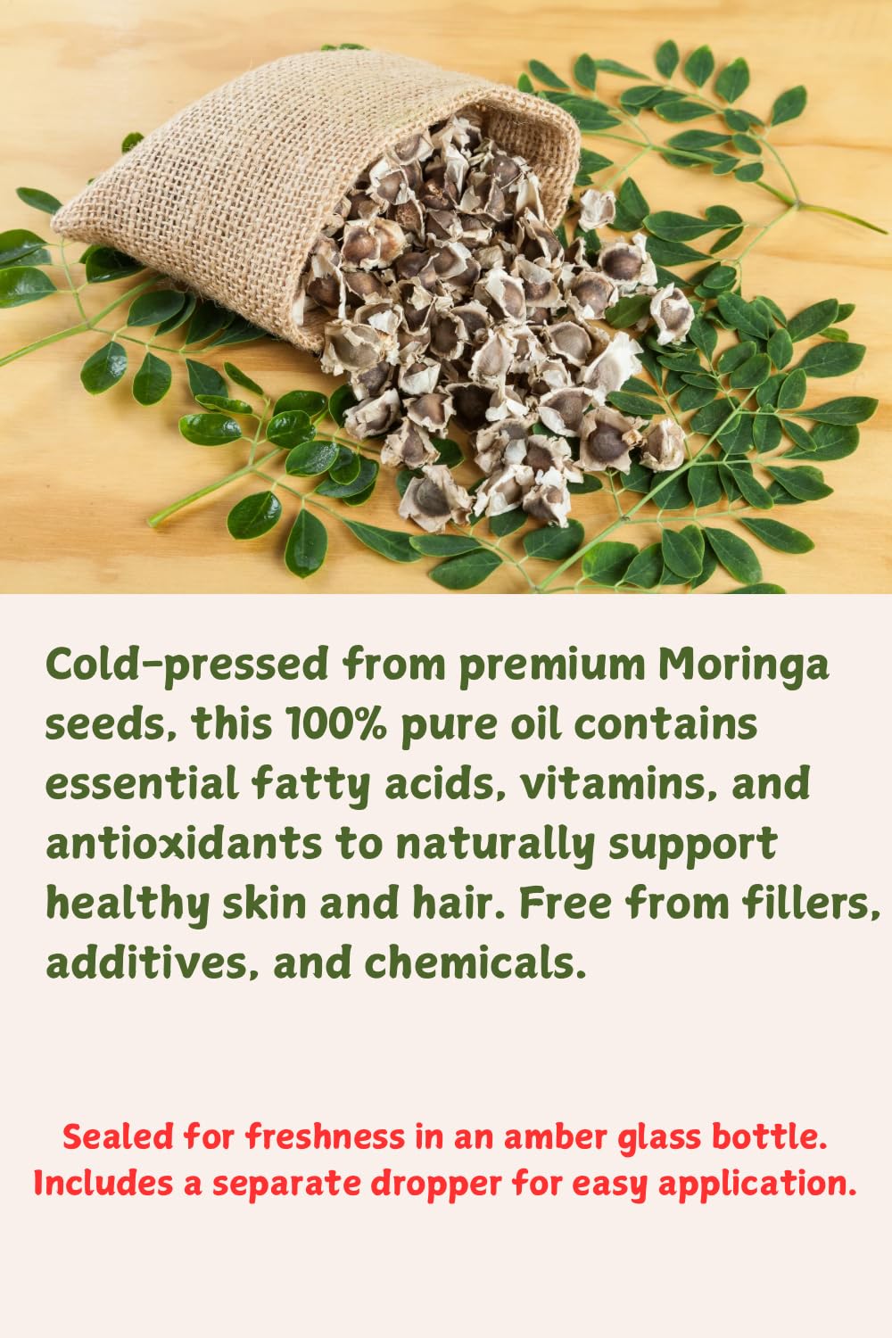 Organic Cold-Pressed Moringa Oil – 100% Pure & Unrefined – Moringa Hydrating Oil for Face, Skin, Hair & Body – Supports Anti-Aging & Youthful Appearance, 4 fl oz Amber Glass Bottle - Image 2