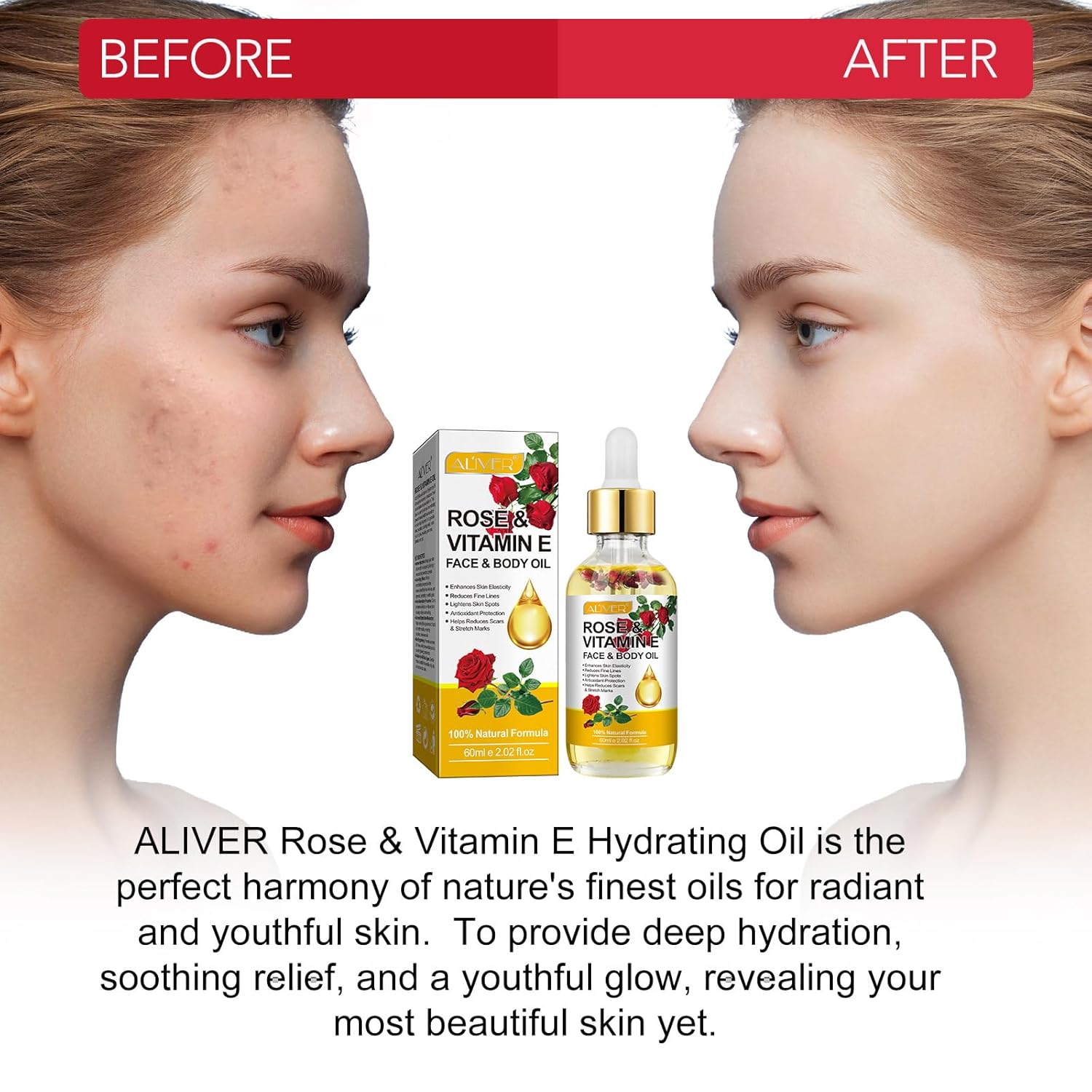 Rose Oil for Face with Rose Petal Flower, Organic Vitamin E Oil for Anti-aging, Scars & Stretch Mark, Gua Sha Face Oil, Natural Massage Body Oil Scented for Dry Skin, Scalp and Nail - 60ml - Image 4