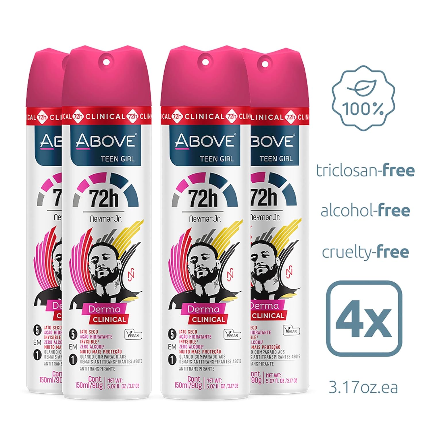 ABOVE 72 Hours Derma Clinical Antiperspirant Deodorant, Neymar Jr Teen Girl, 4 Pcs - Deodorant for Teens - Red Fruits and Vanilla Notes - Dry Spray - Image 5