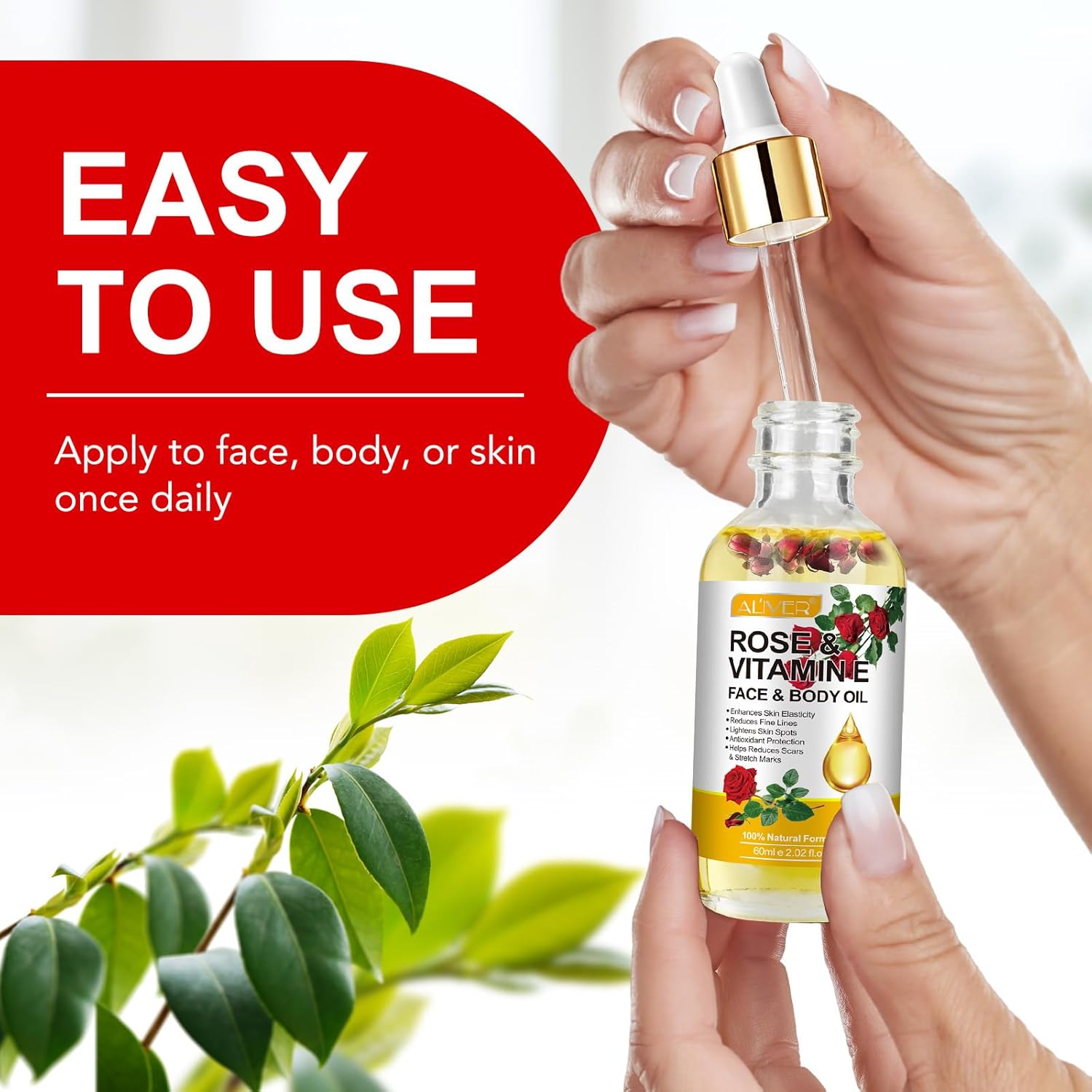 Rose Oil for Face with Rose Petal Flower, Organic Vitamin E Oil for Anti-aging, Scars & Stretch Mark, Gua Sha Face Oil, Natural Massage Body Oil Scented for Dry Skin, Scalp and Nail - 60ml - Image 7