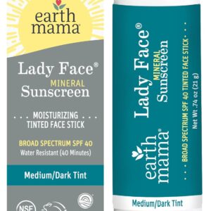 Earth Mama Lady Face® Tinted Mineral Sunscreen Stick, SPF 40 Medium/Dark Tint | Contains Organic Shea & Cocoa Butter | Foundation + Concealer + Contour, Blends with Most Skin Tones