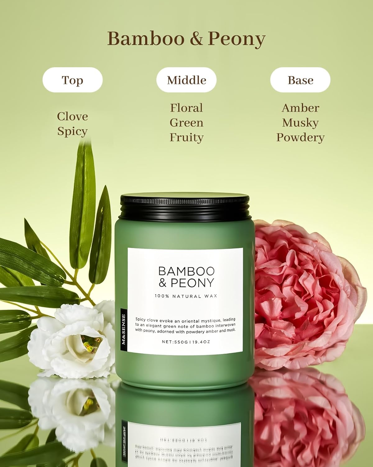 M&SENSE Bamboo Peony Spring Large Jar Candles for Home Scented 19.4 Ounces 110 Hour Long Lasting Burn, Natural Organic Soy Wax Gifts for Women, Fresh Smelling Aromatherapy Candle for Stress Relief - Image 2