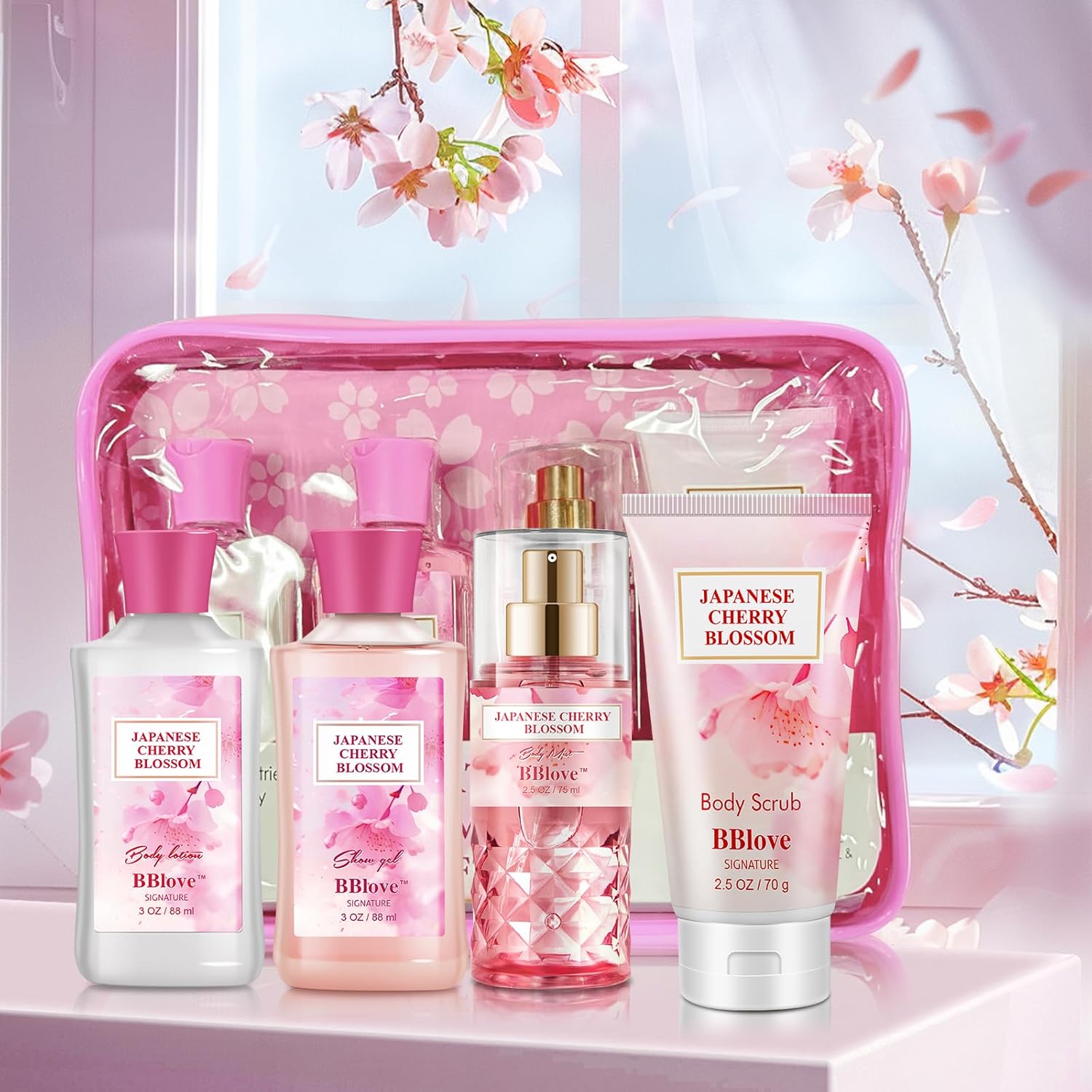Japanese Cherry Blossom 4 Piece Bath and Body Gift Set for Women Girls Shower Gel Lotion Mist Scrub - Image 8