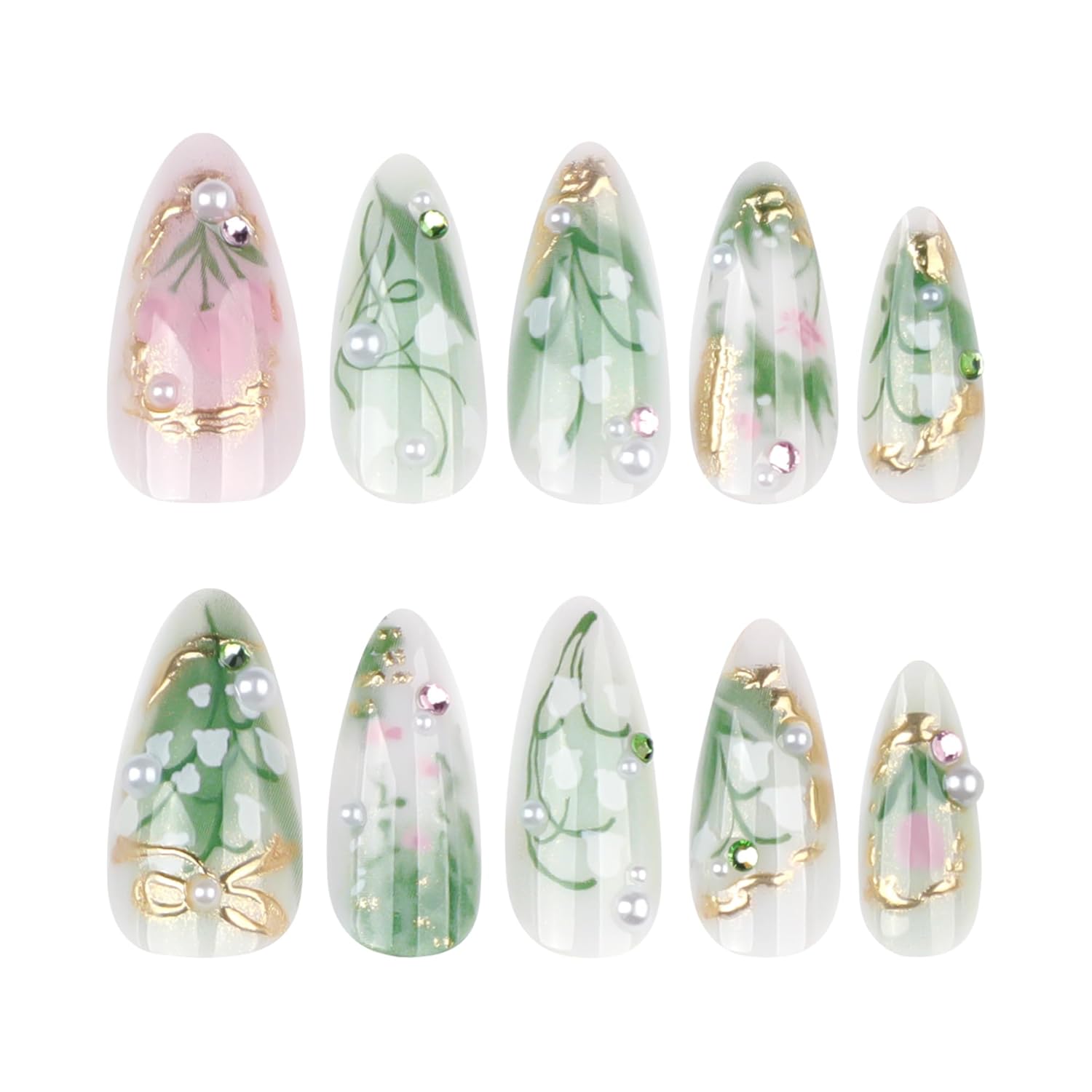 Medium Almond Green Press-On Nails with 3D Pearl Rhinestones and Gold French Tips, 24 Count - Image 4