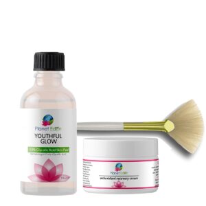 Planet Eden 50% Glycolic Acid Chemical Skin Peel Kit with Antioxidant Recovery Cream and Fan Brush - Diminish the look of Dark Spots, SUN DAMAGE, Wrinkles/fine lines, Age/Dark Spots