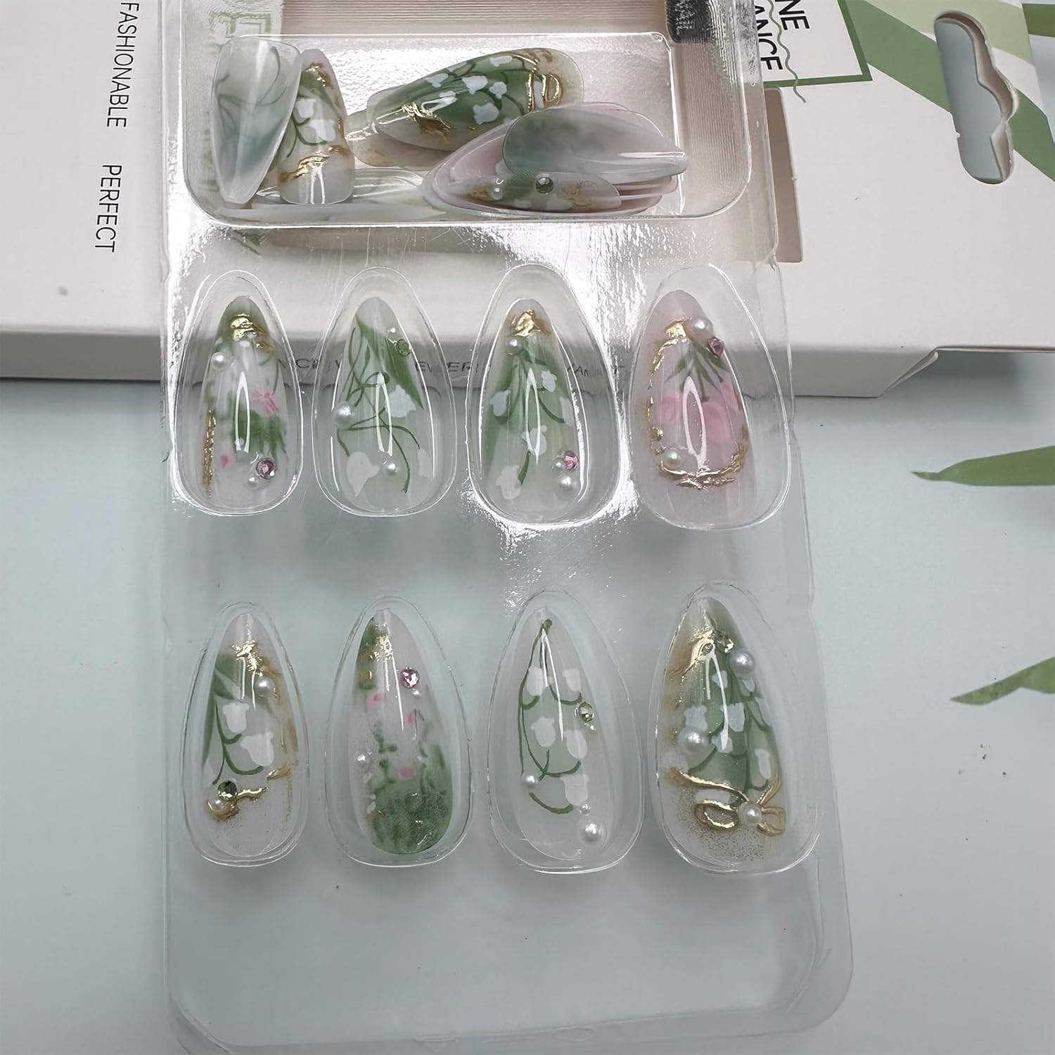 Medium Almond Green Press-On Nails with 3D Pearl Rhinestones and Gold French Tips, 24 Count - Image 6