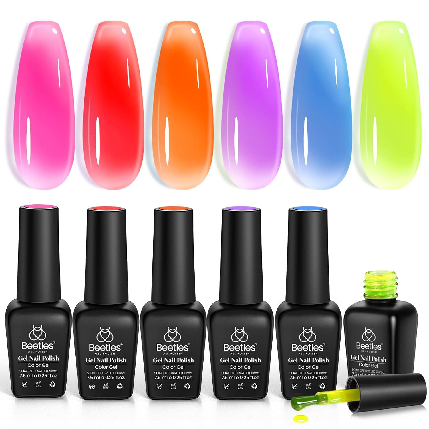 Beetles Jelly Gel Nail Polish Set - 6 Colors Summer Neon Gel Polish Kit Sheer Hot Pink Red Orange Purple Blue Yellow Translucent Effect Soak Off UV French Nail Art Manicure Gift for Women
