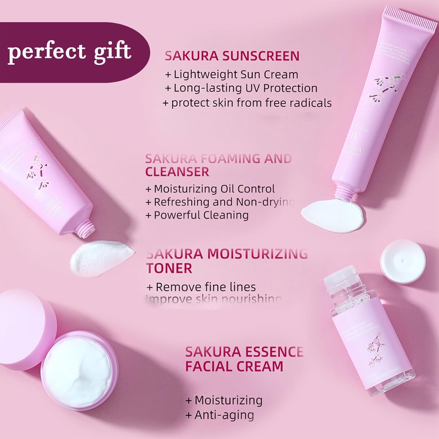 Sakura Skincare Gifts for Teenage Girls Skincare Kits - Skin Care Sets & Kits - Cherry Blossom Skin Care Kit - Pamper Sets For Women Gifts - Travel Size Face Wash-Toner-Moisturizer-Sunscreen - Image 3