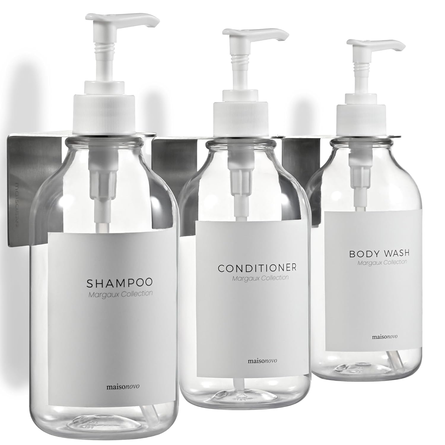 MaisoNovo Shampoo and Conditioner Dispenser - Shower Soap Dispenser Wall Mounted - 16.9 fl oz Set of 3 Clear Plastic Bottles White Pump - Shampoo Dispenser, Shower Dispenser 3 Chamber No Drill