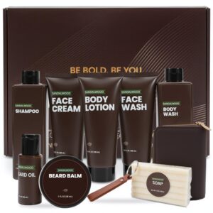 Rinse & Robust Men's Self-Care Gift Set, 10 Pcs Sandalwood Grooming Kit with Bath and Body Wash Gift Set For Men, Beard Oil, Balm & Business Card Case, Unique Gifts for Him Father’s Day, Birthday