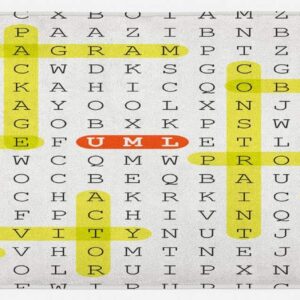 Ambesonne Word Search Game Kitchen Mat, Unified Modeling Language Word Game with Highlighted Keywords, Plush Decorative Kitchen Mat with Non Slip Backing, 47" X 19", Black Yellow Orange