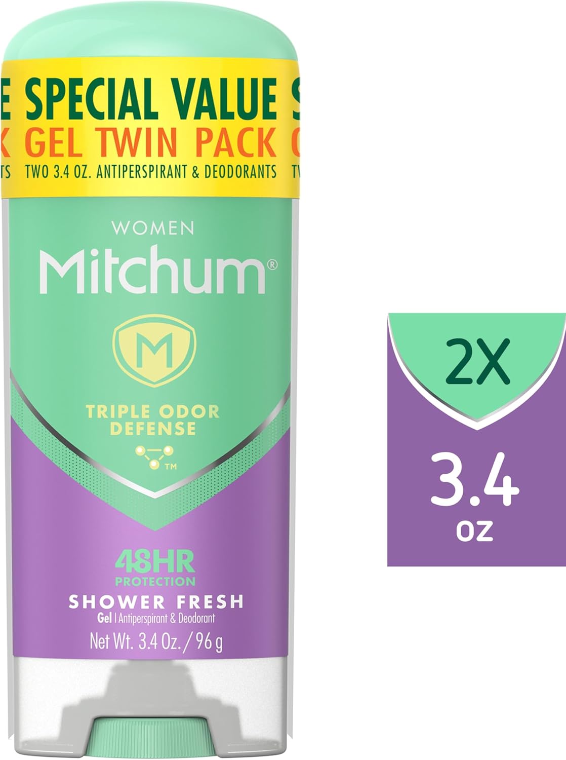 Mitchum Women’s Antiperspirant Deodorant Gel Stick, Shower Fresh Scent, 48HR Sweat & Odor Protection, Triple Odor Defense, Alcohol-Free, 3.4 oz (Pack of 2) - Image 2